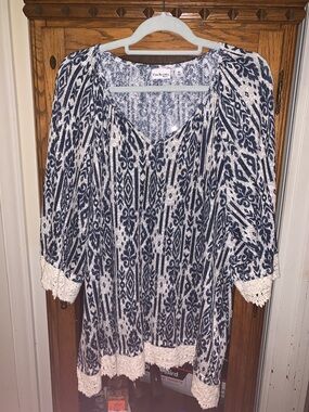 Kim Rogers Navy & White Crochet-Trim Peasant Tunic